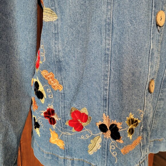 Vintage Tantrums Women XXL Jean Jacket Embroidered Fall Leaves Whimsical Country - Picture 4 of 13
